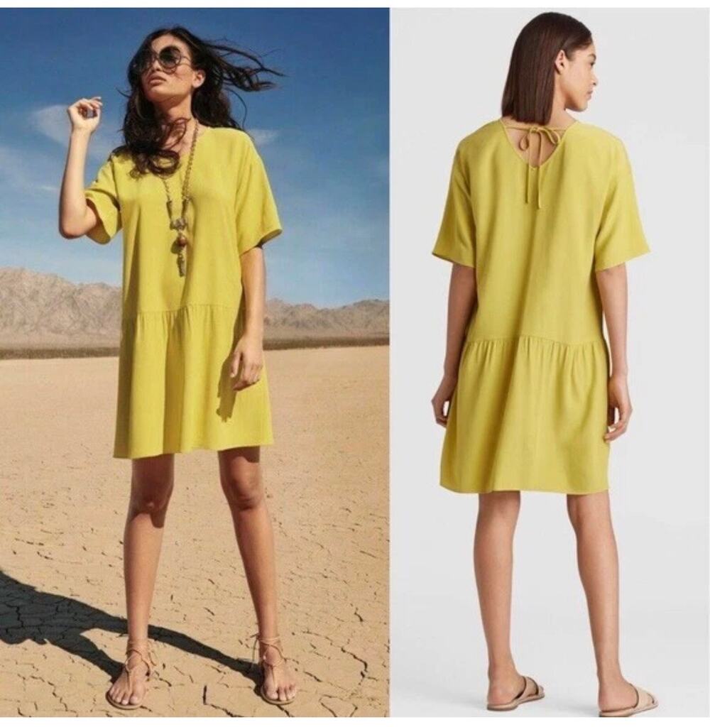Eileen Fisher Viscose Drop Waist Dress Yellow Tie Back Short Sleeve V-Neck Sz L